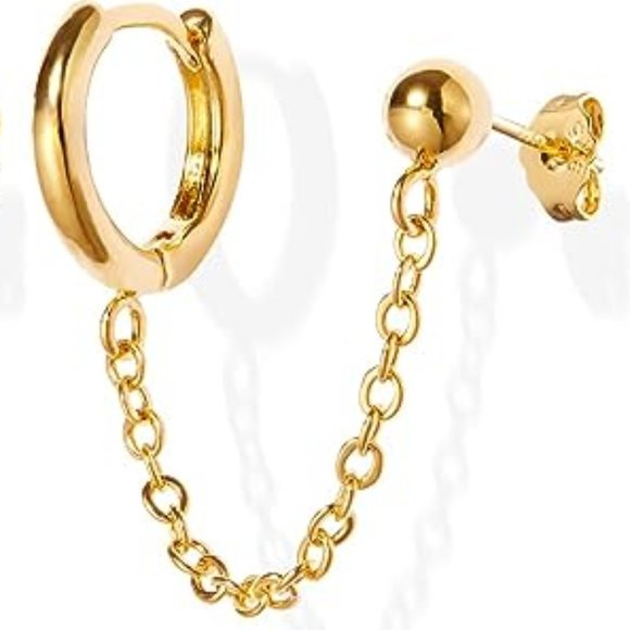 Gold Double Pierced Ears Connected Earrings Chain Hoops Piercing Hoop Studs - Picture 7 of 11